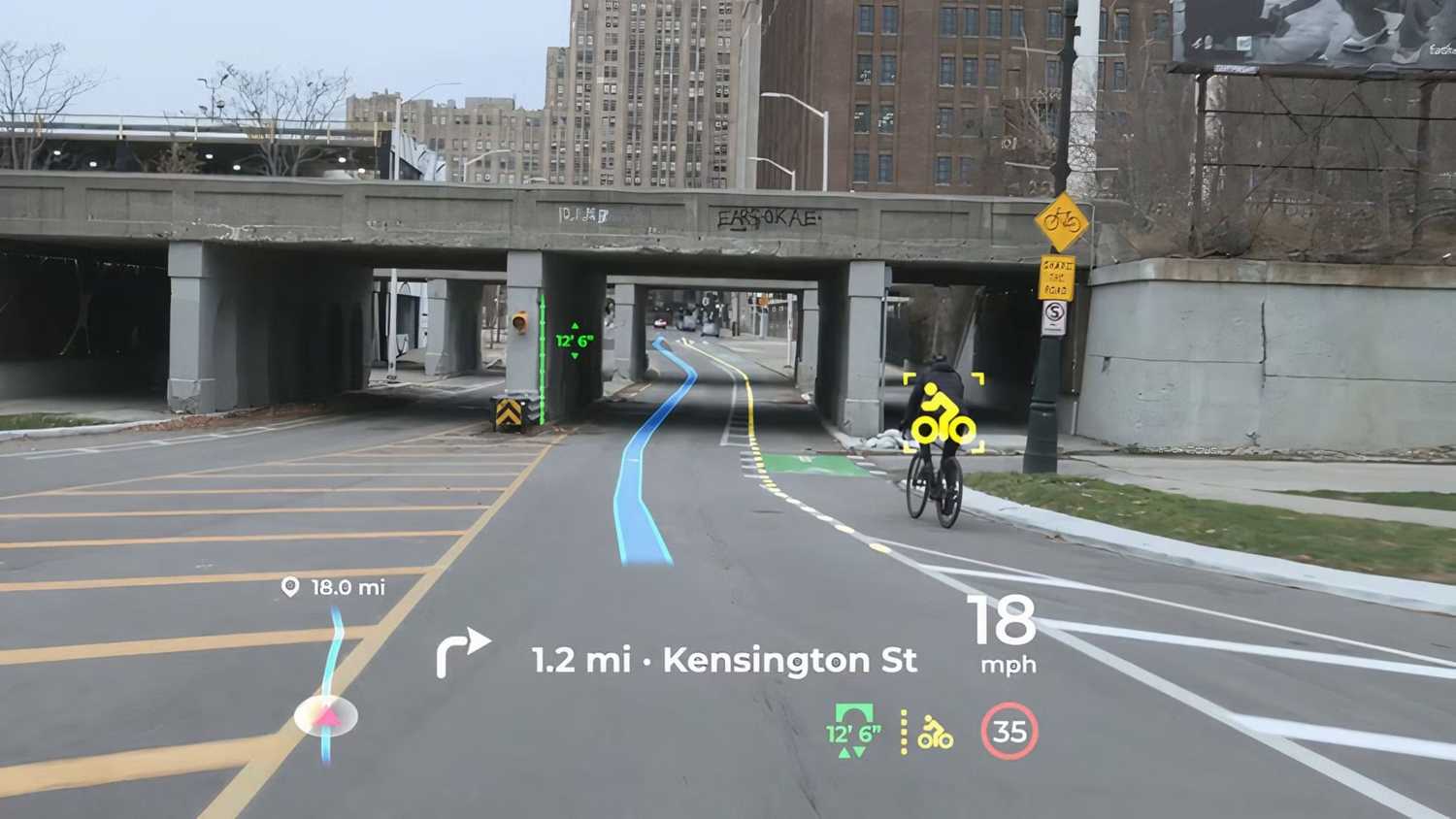 An augmented reality windshield giving directions, alerting its driver to bikers and bridge heights. 