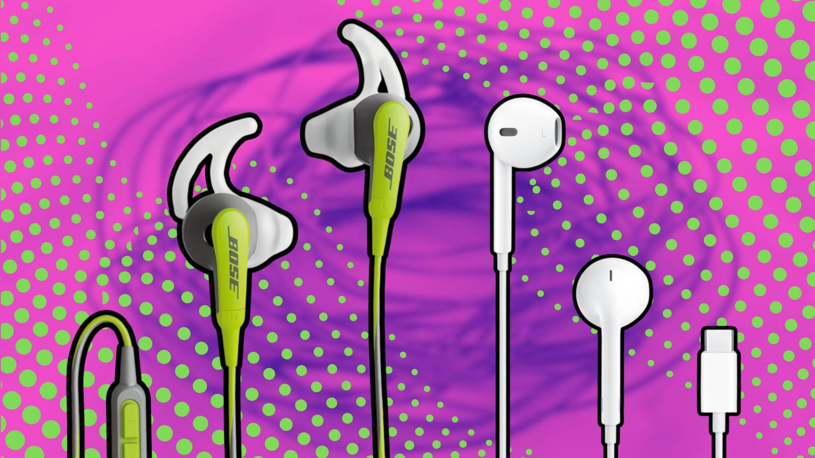 Two pairs of wired headphones. 