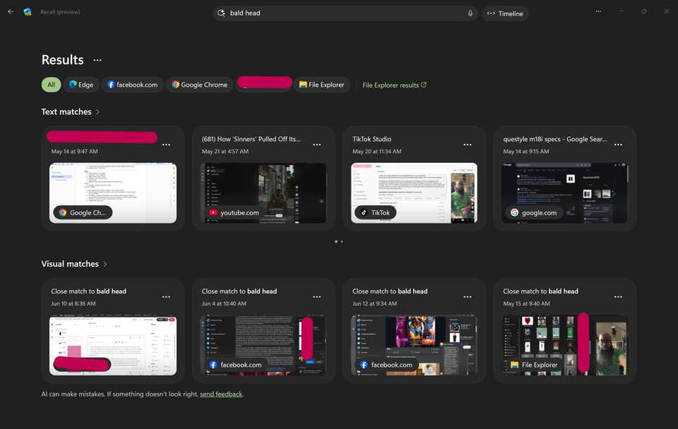 Screenshot showing the results from when Tshaka searched the phrase "bald head" using Recall