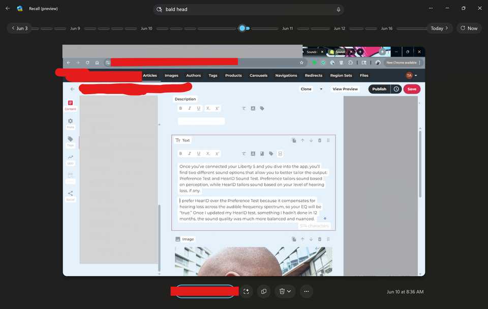 Screenshot showing a visual results from when Tshaka searched the phrase "bald head" using Recall