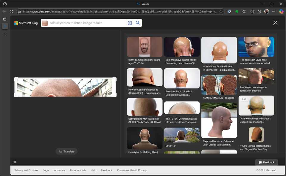 Screenshot showing a visual results from when Tshaka searched the phrase "bald head" using Recall