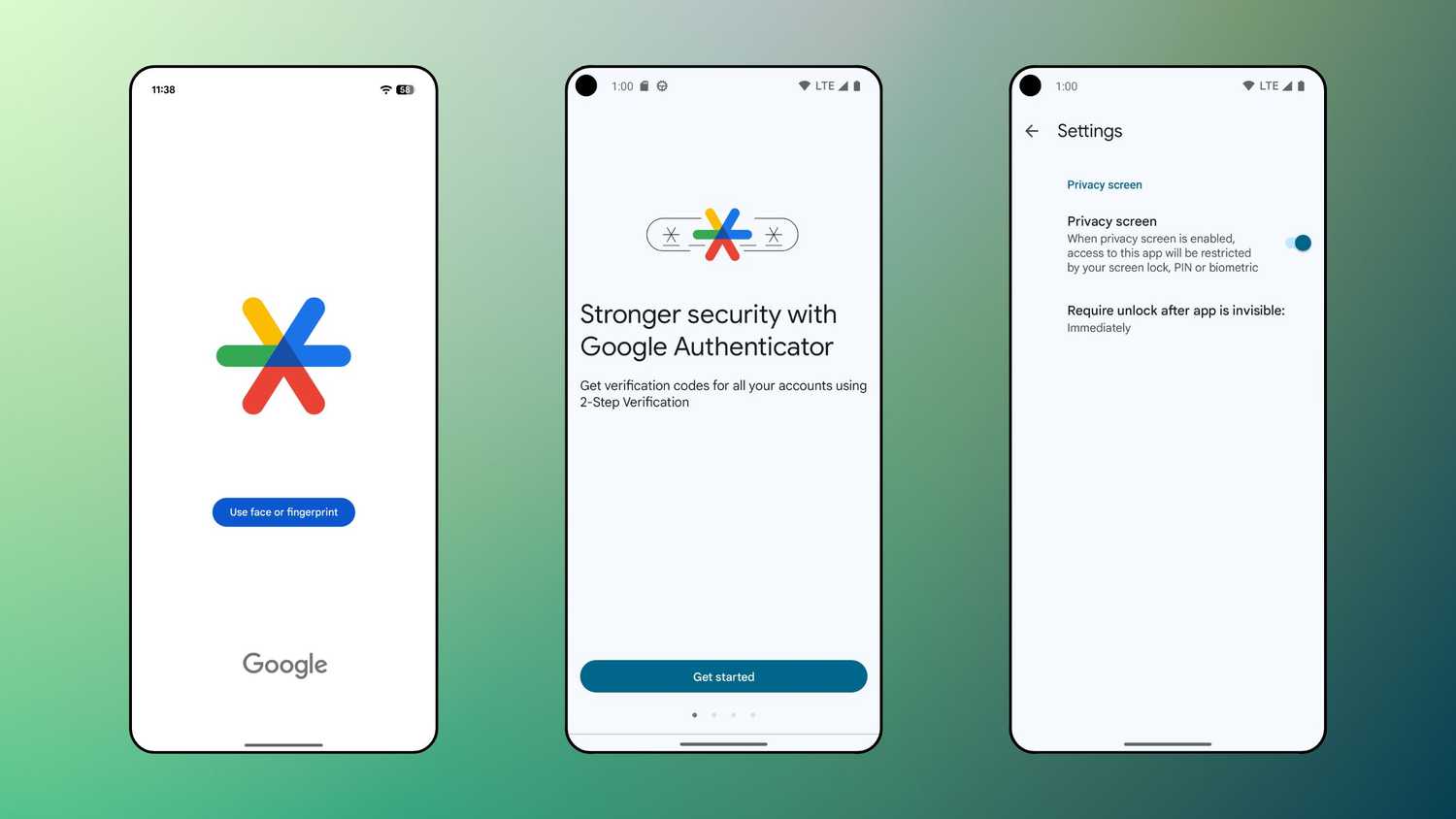 Three Google Authenticator screenshots.