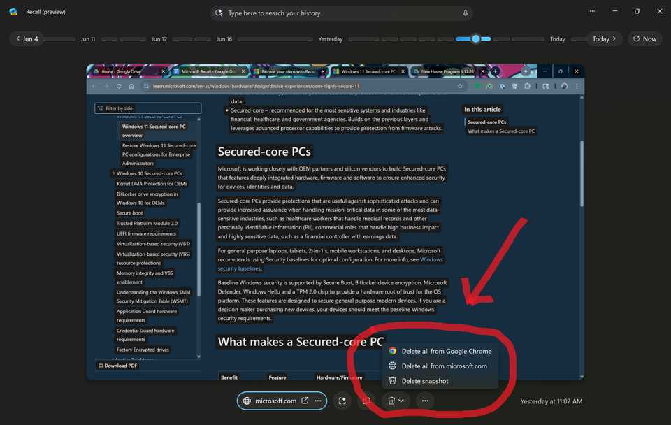 A screenshot of Recall's action buttons for a Google Chrome snapshot
