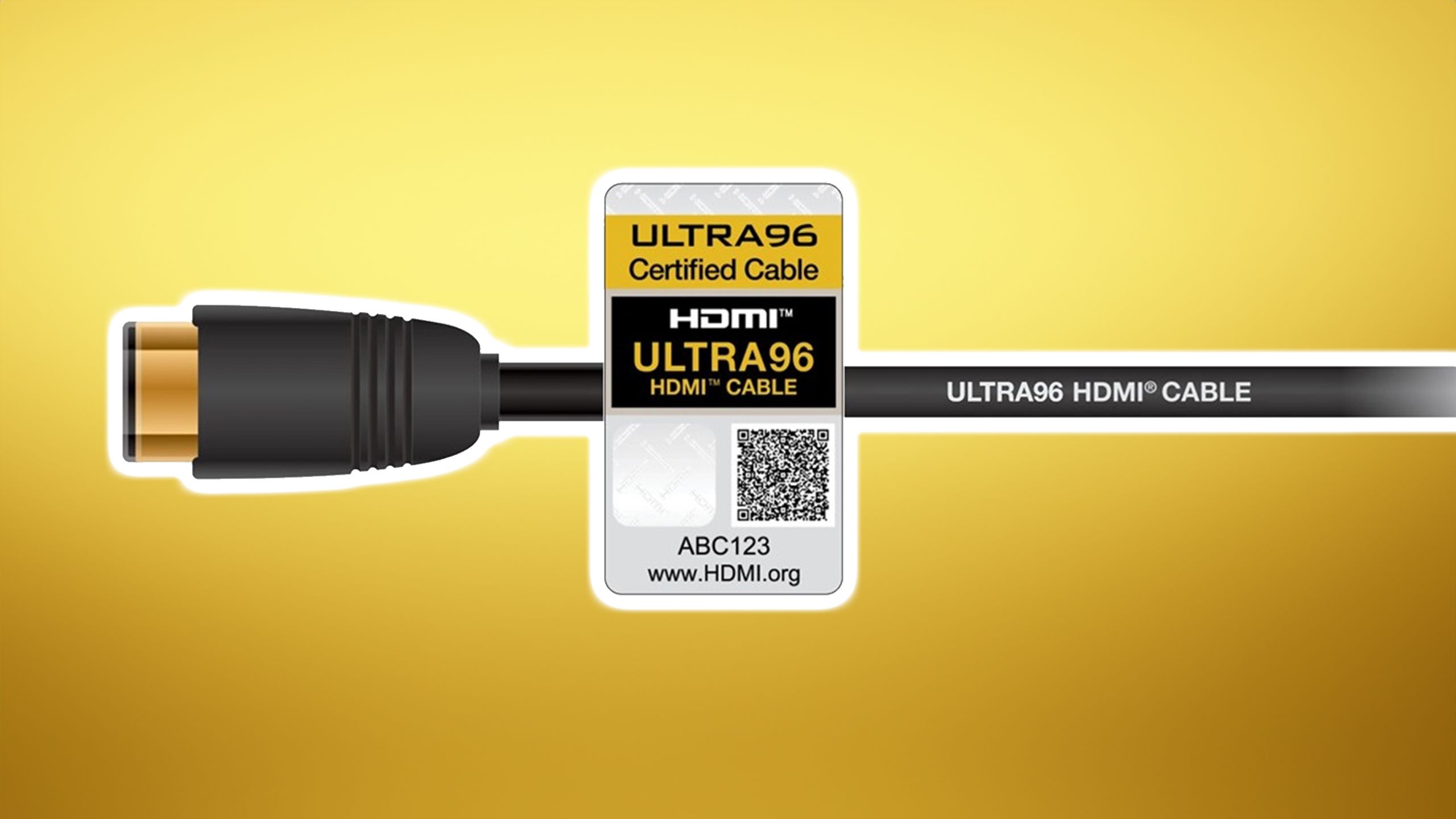 HDMI 2.2 cable on gold gradient background.