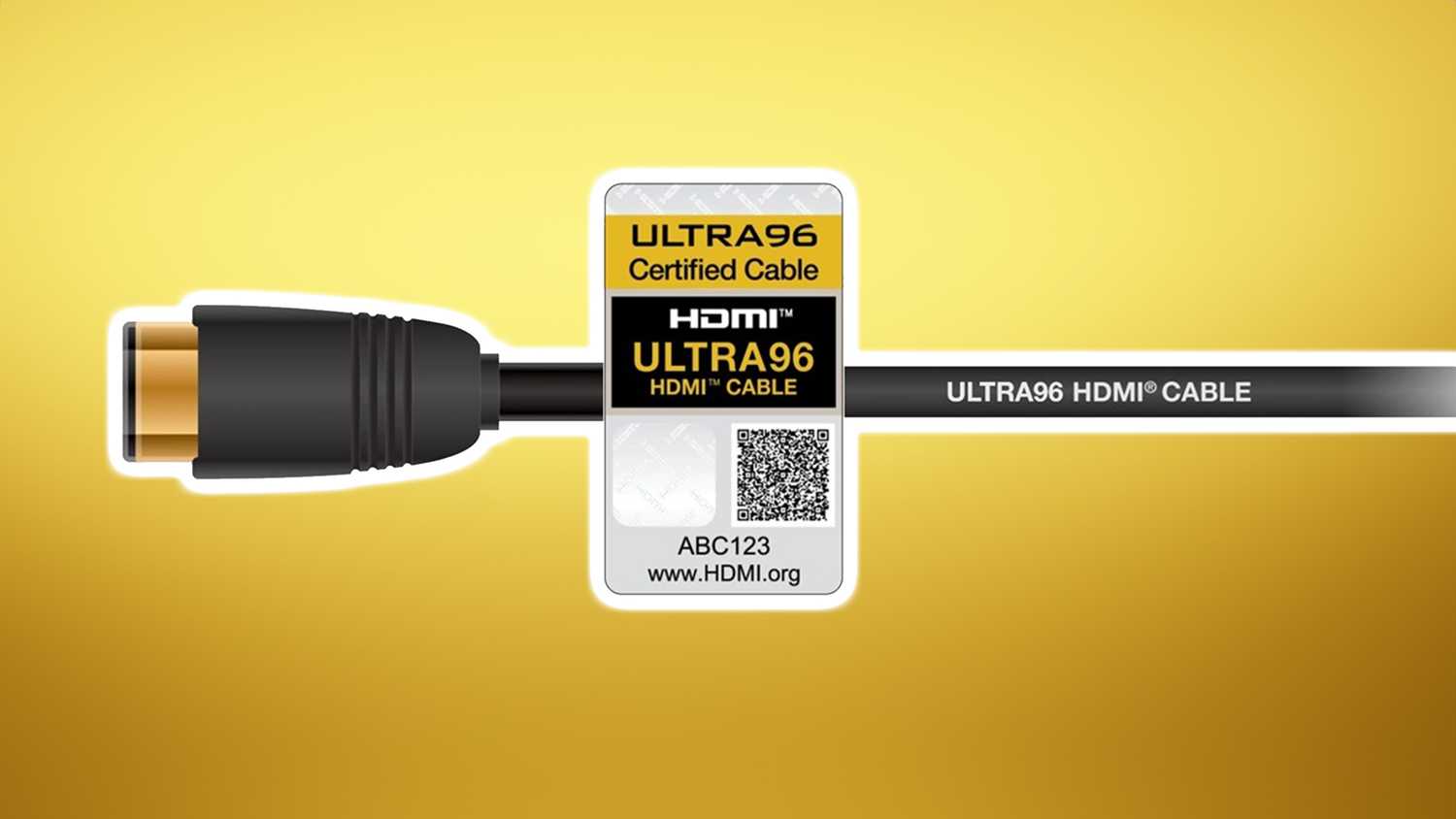 An HDMI 2.2 cable on a gold background.