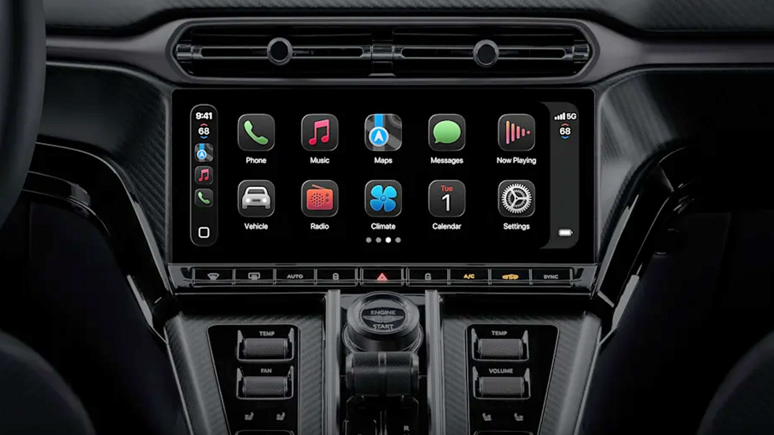 The iOS 26 CarPlay homescreen with dark icons.