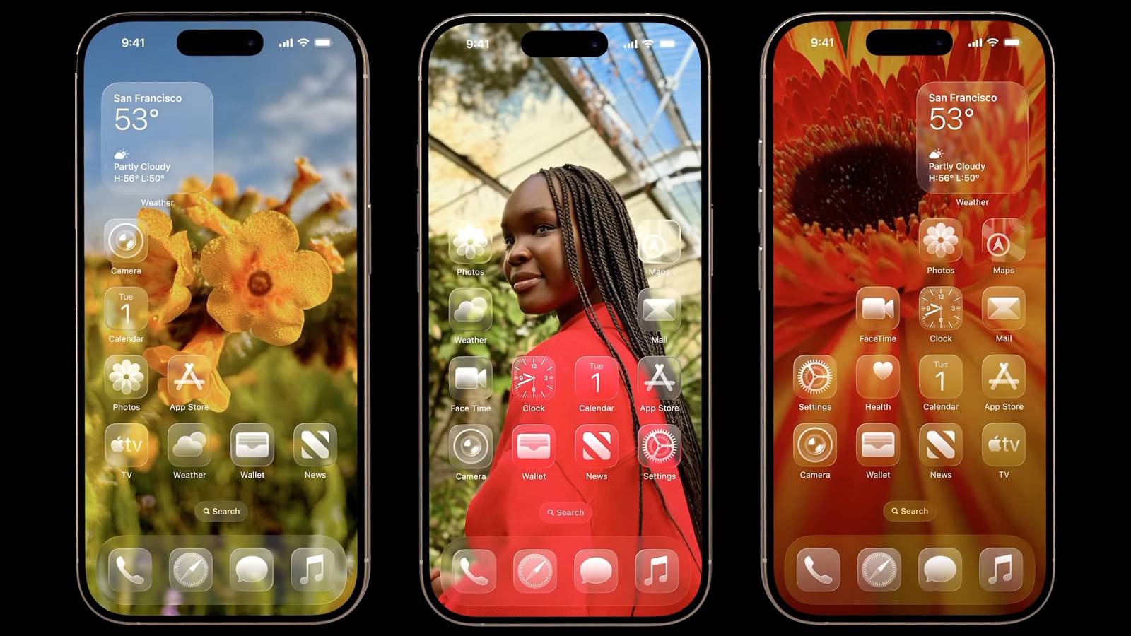 A triptych of clear icons and widgets in iOS 26.