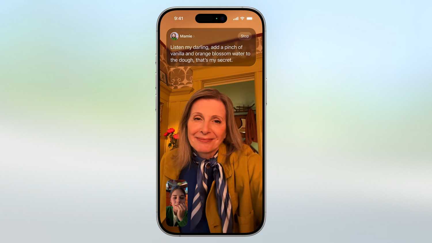 The iOS 26 FaceTime app performing live translation of French to English.