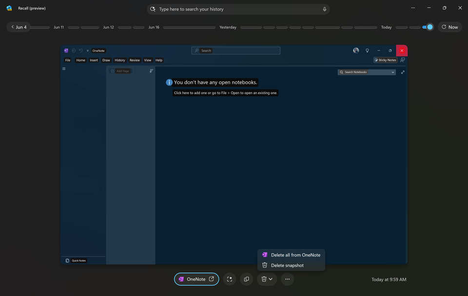 A screenshot of Recall action buttons from a OneNote snapshot
