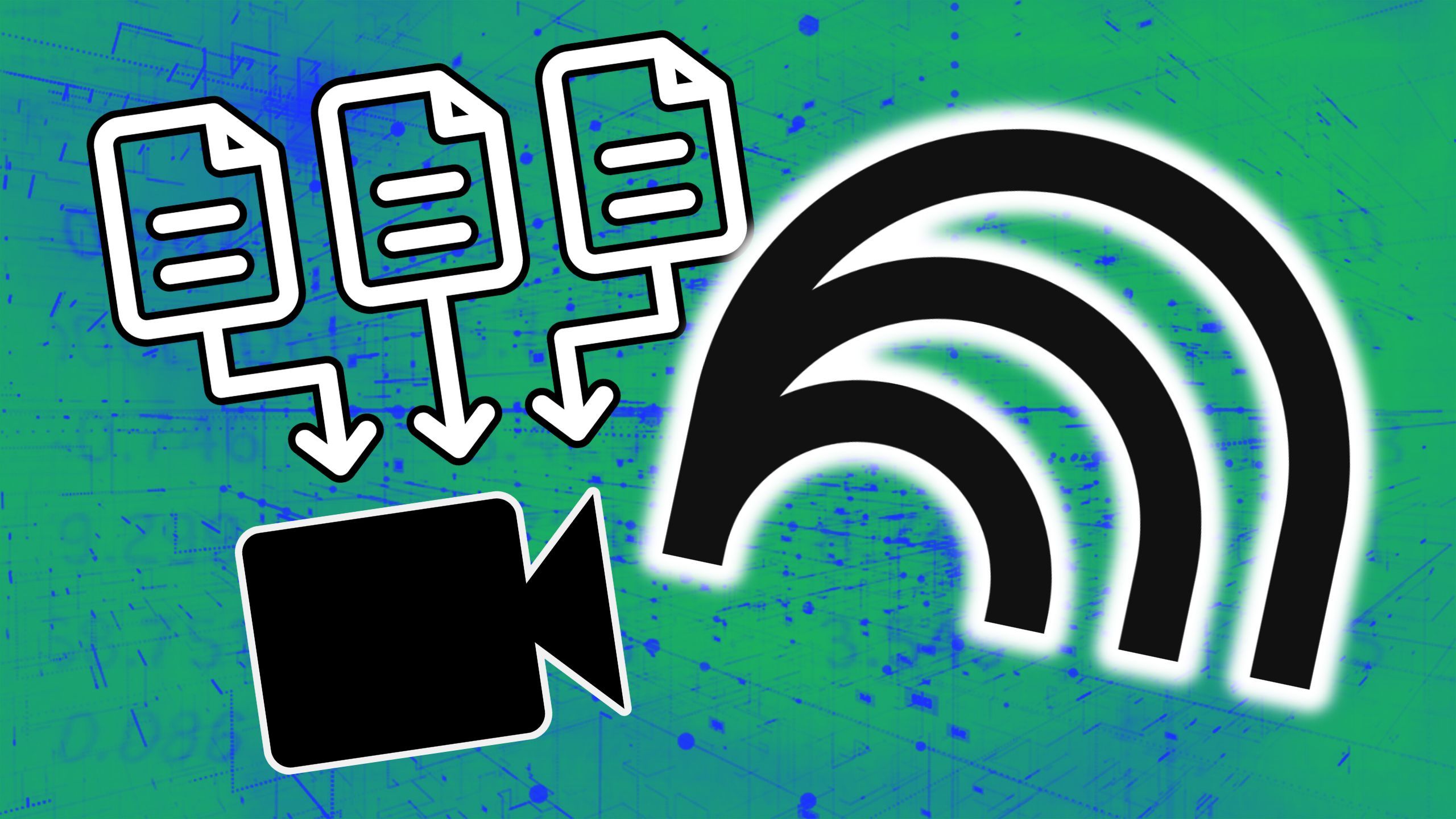 ​​​​​​​Three docs pointing to a video camera overlayed with a NotebookLM logo. 