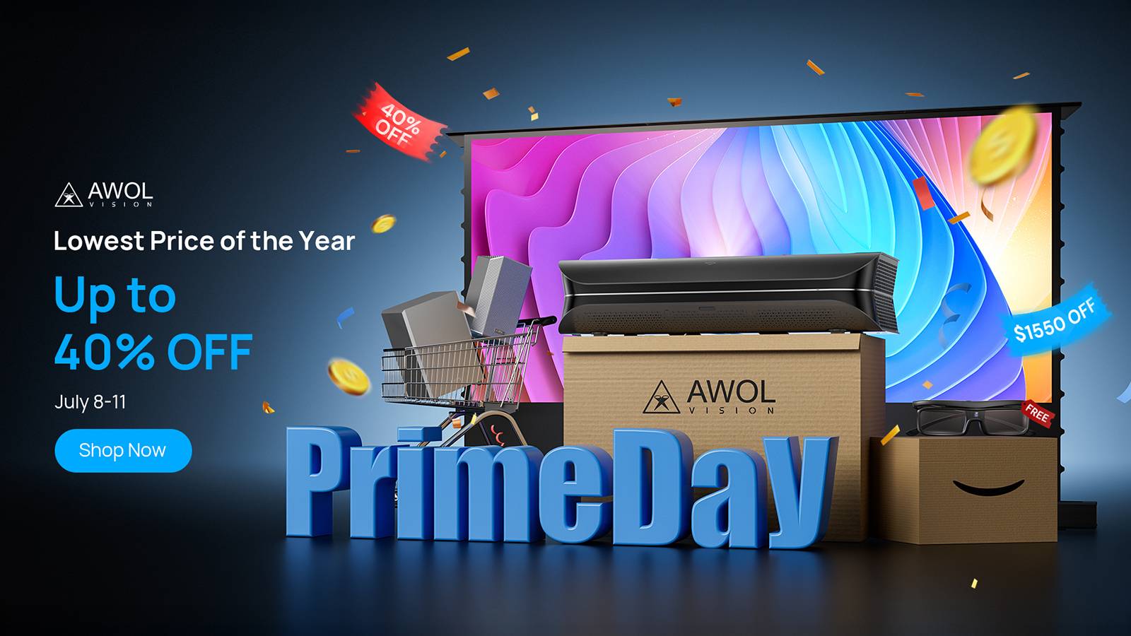 An ad with Prime Day in block letters and a big screen