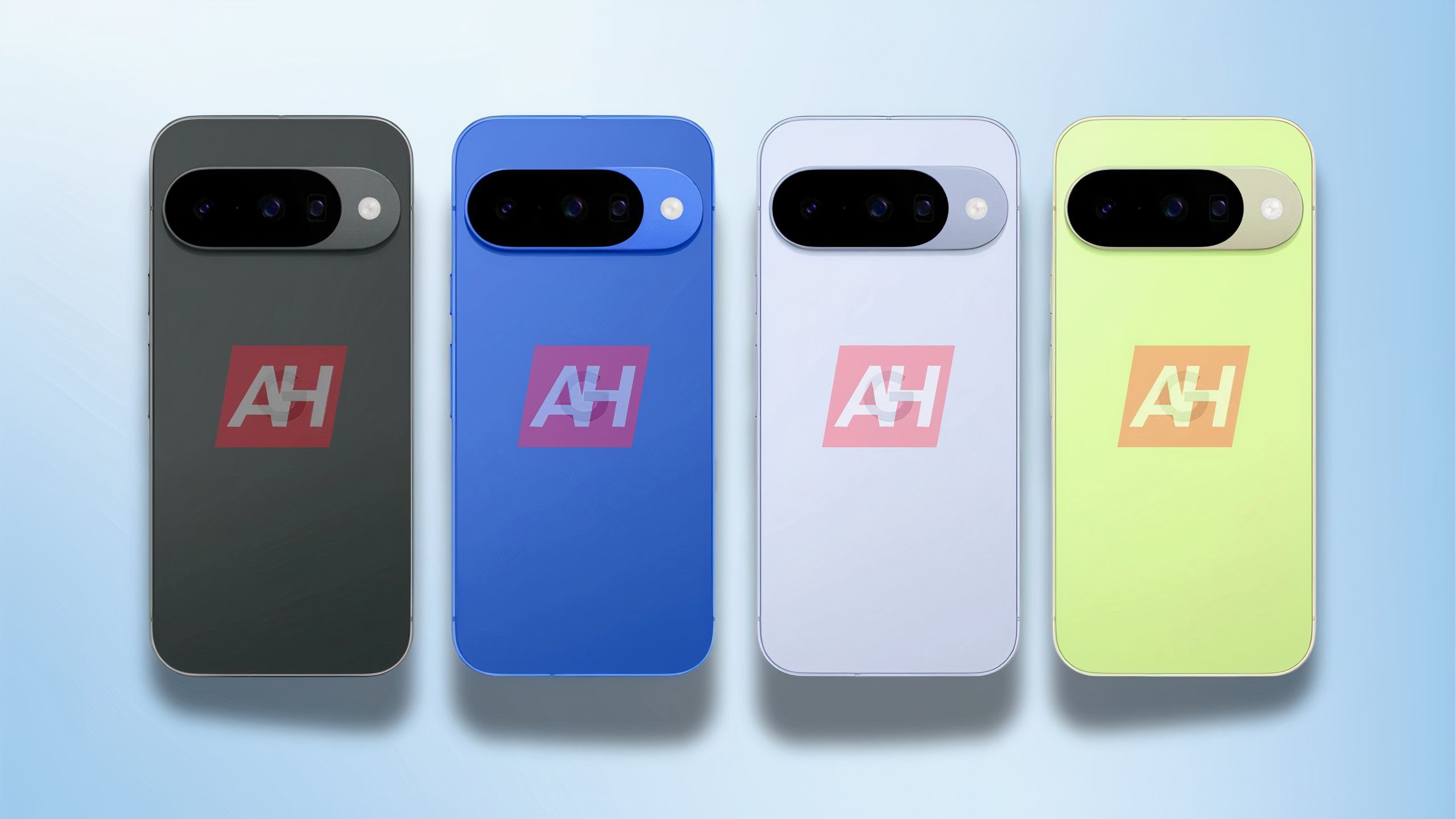 Renders of a black, blue, light purple, and yellow Pixel 10 with their backs facing towards the camera.
