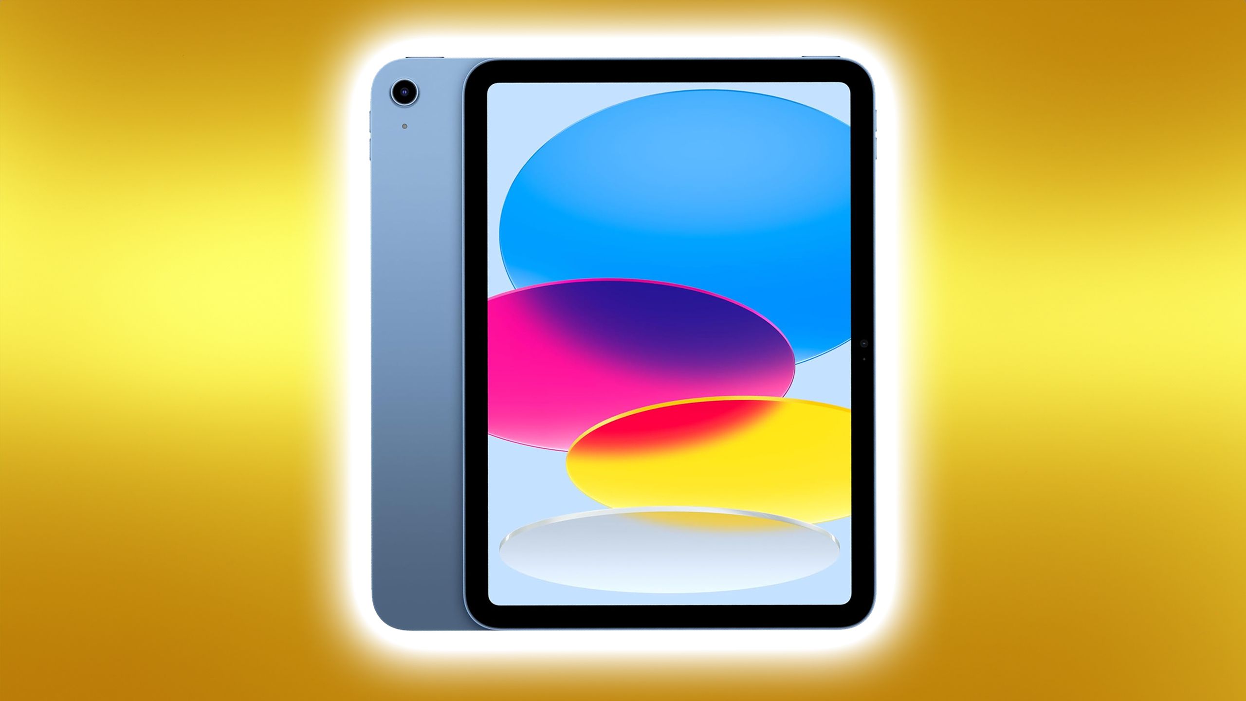 iPad glowing white on gold background.