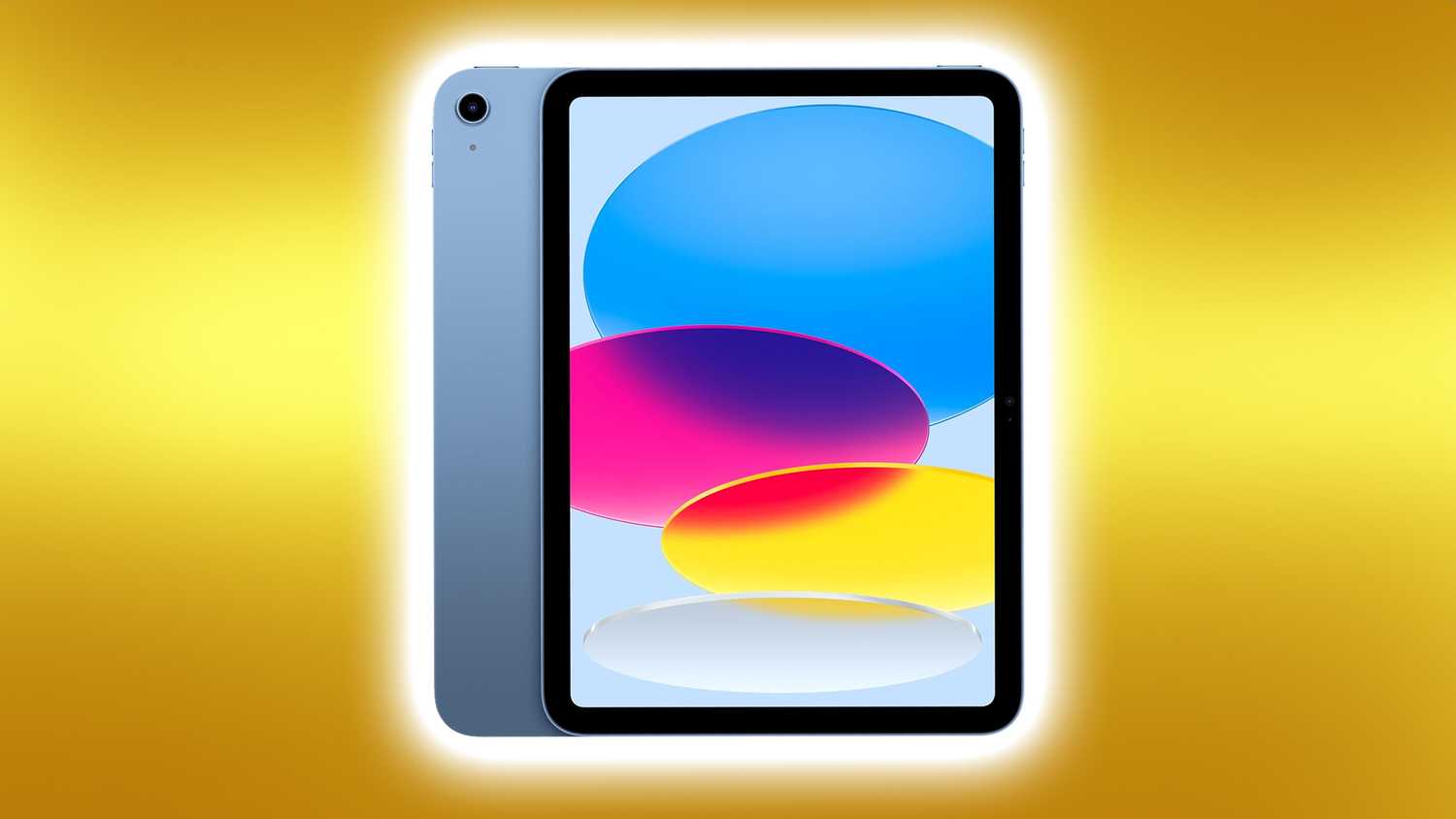 iPad glowing white on gold background.