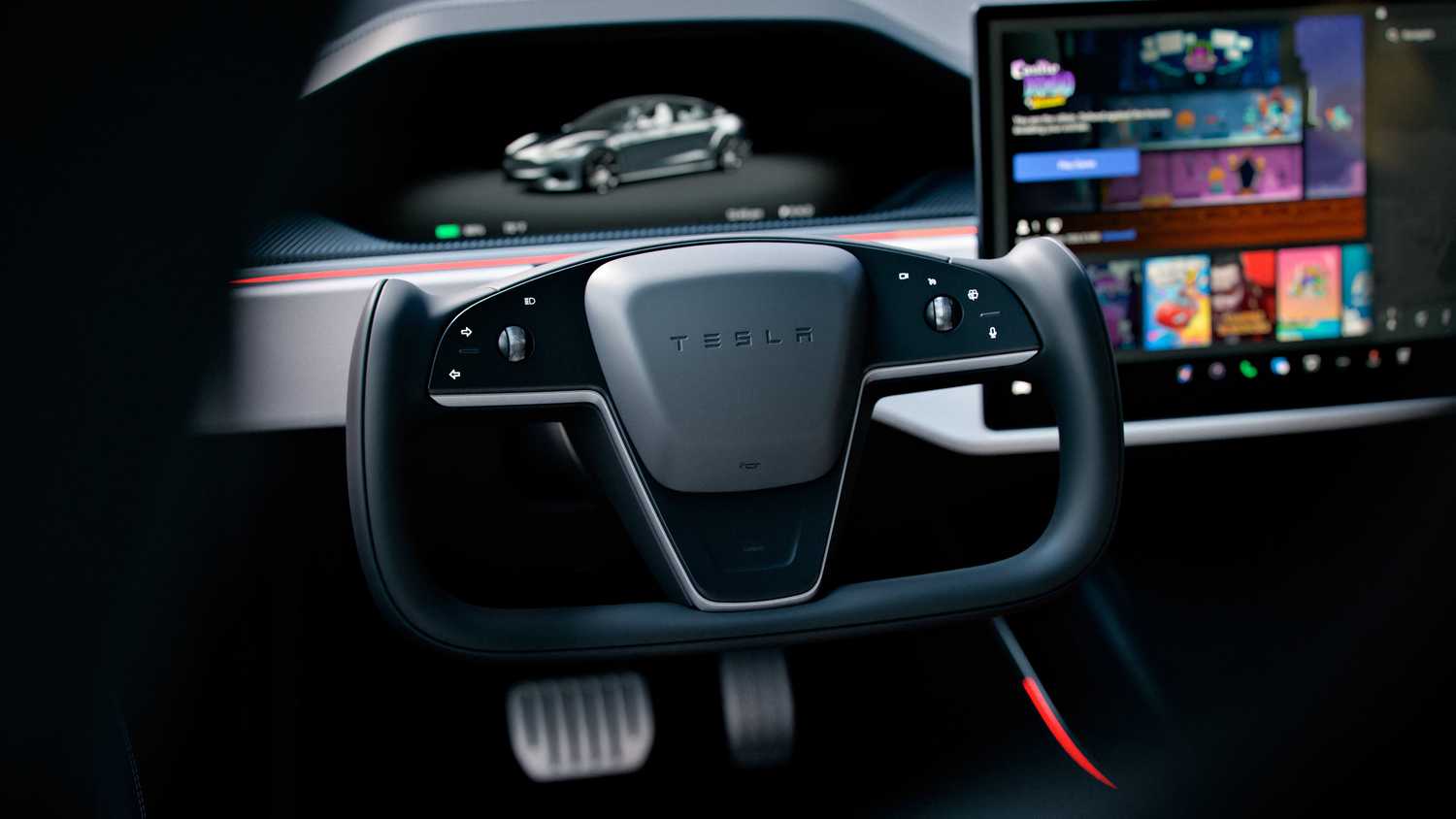 A still photo of the Tesla Model S yoke steering wheel. 