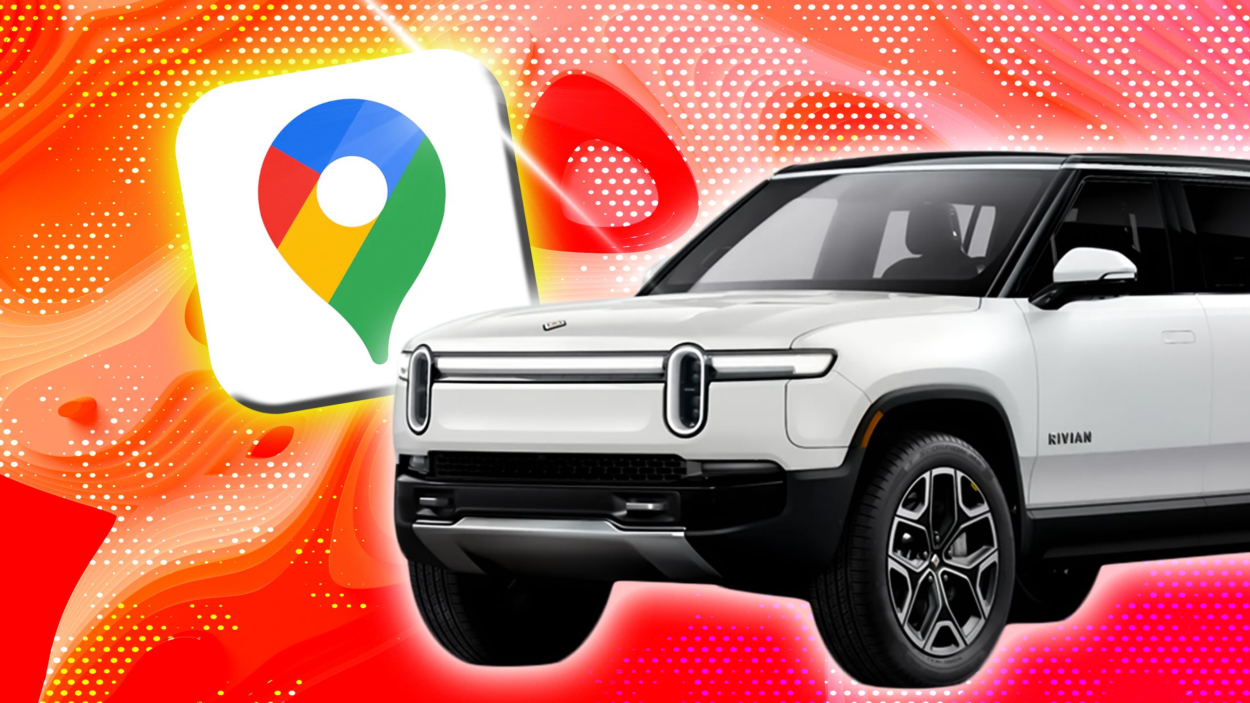 A Rivian car and a Google Maps app icon. 