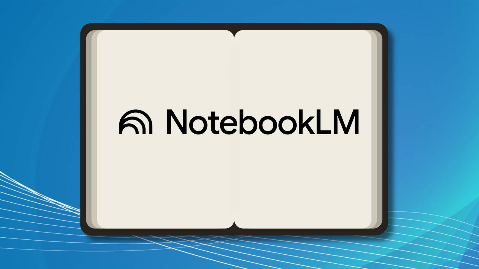 NotebookLM logo in notebook on blue background.