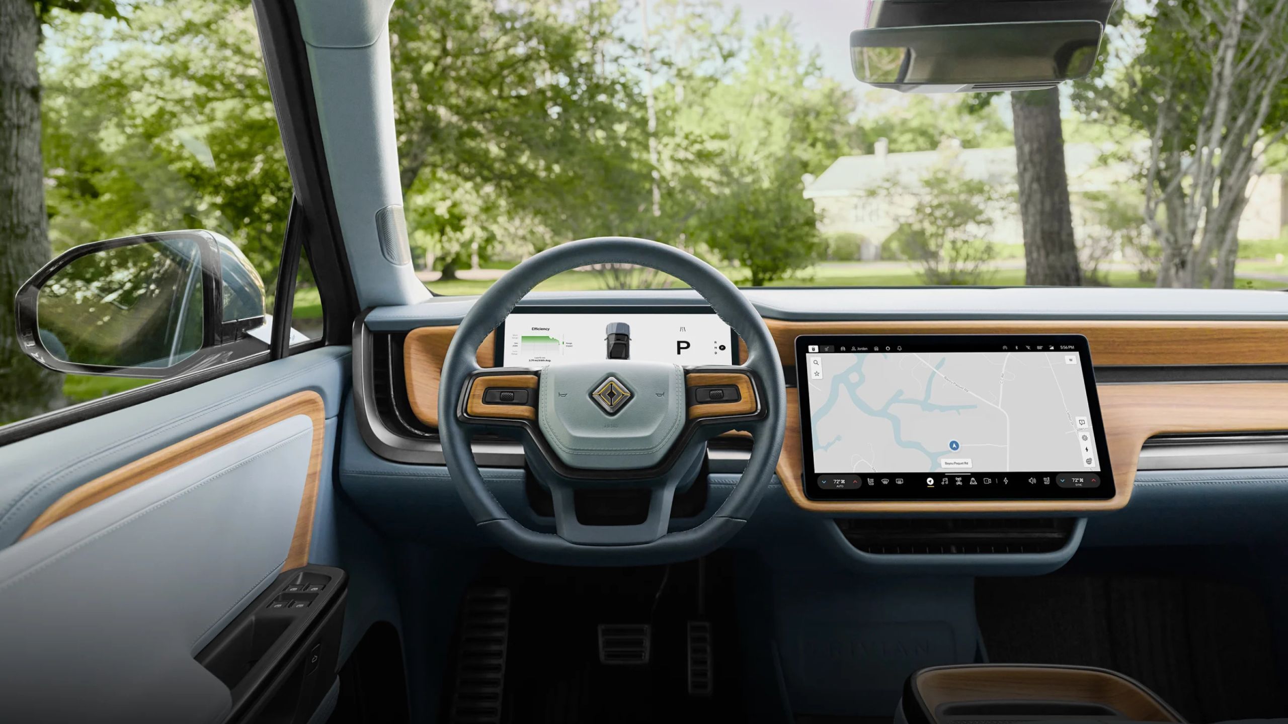 Staring out the driver's side of a Rivian R1T. 