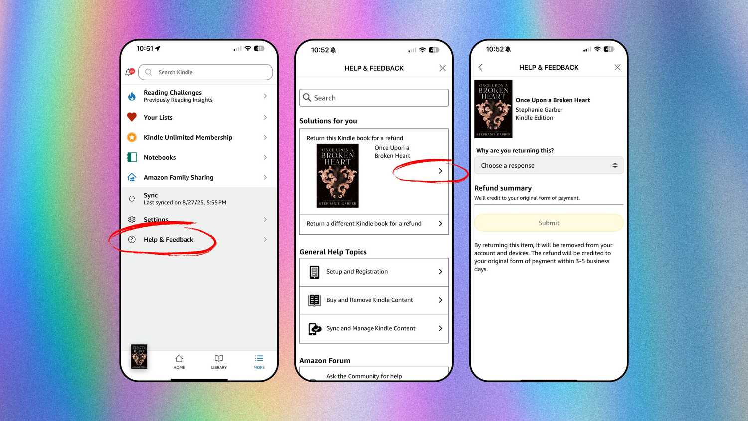 The process of returning an e-book for a refund. 