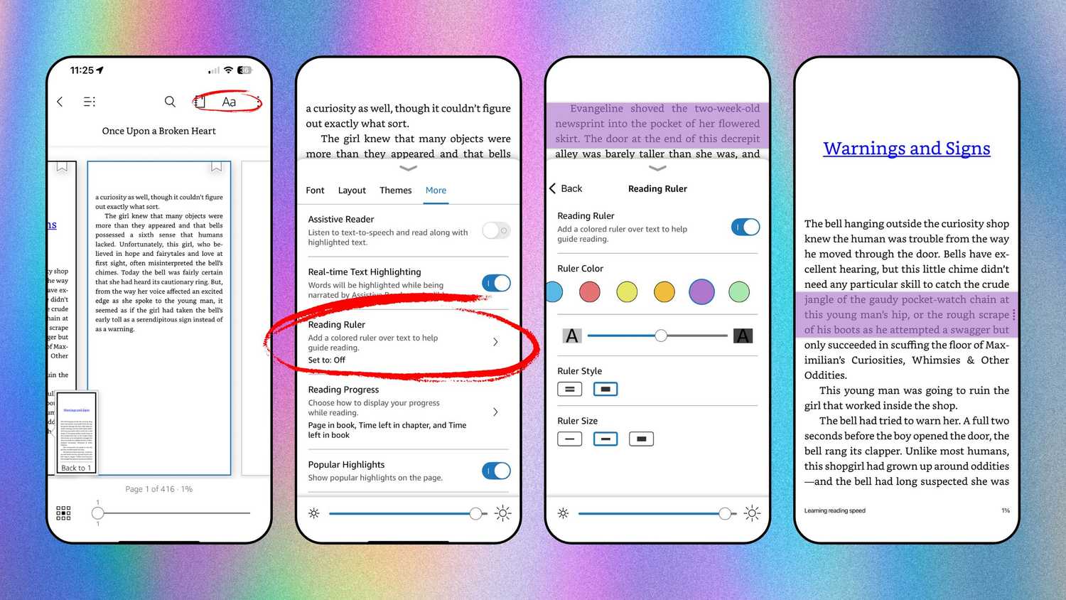 Enabling the reading ruler on a Kindle App. 