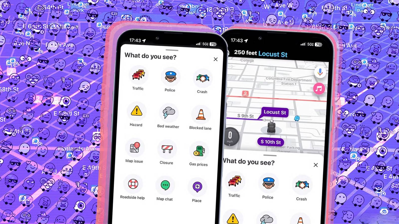 Two renderings of phones with Waze apps open. 
