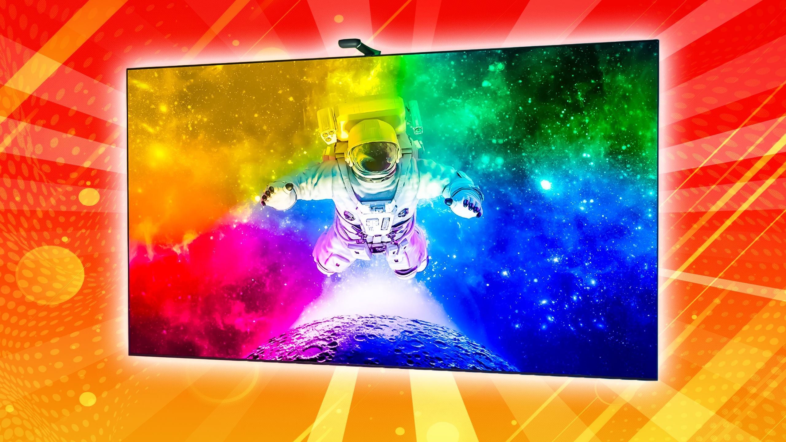 An astronaut in rainbow space. 