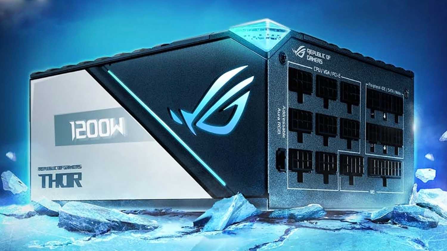 An ASUS ROG Thor 1200W power supply for a PC.