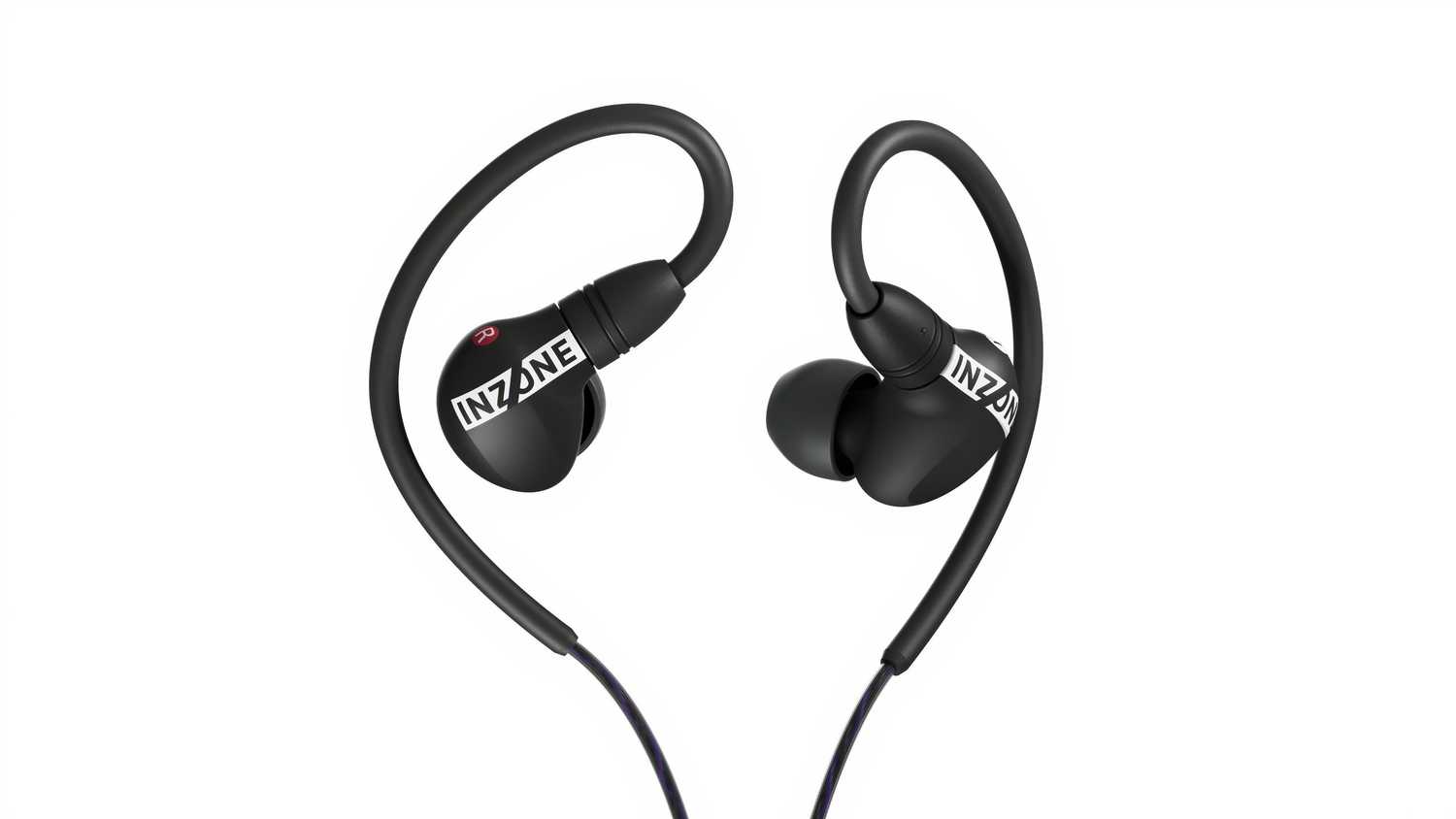 Two black in-ear monitors curled up, with "Inzone" printed on them.