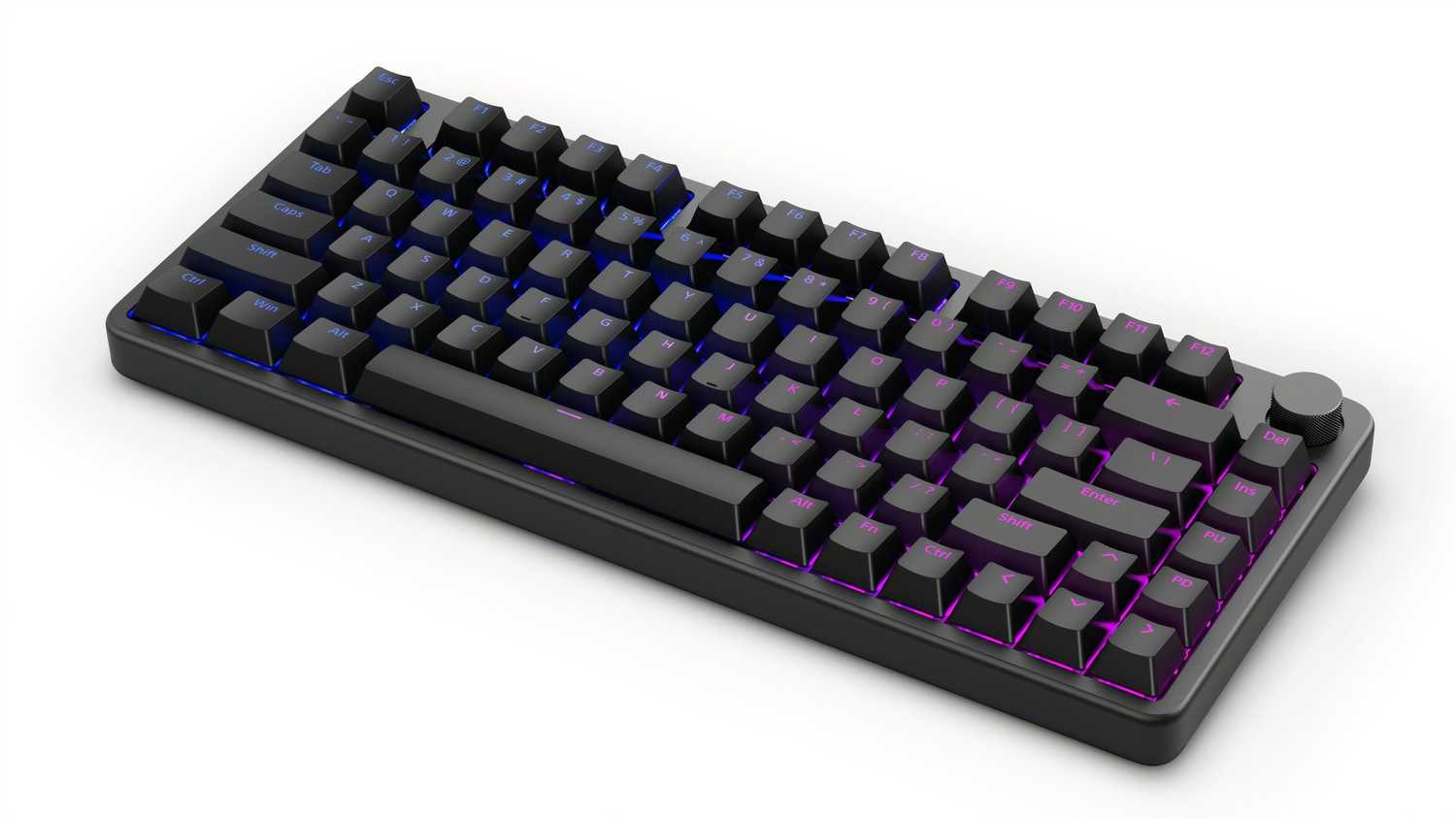A black aluminum mechanical keyboard with blue RGB lights.