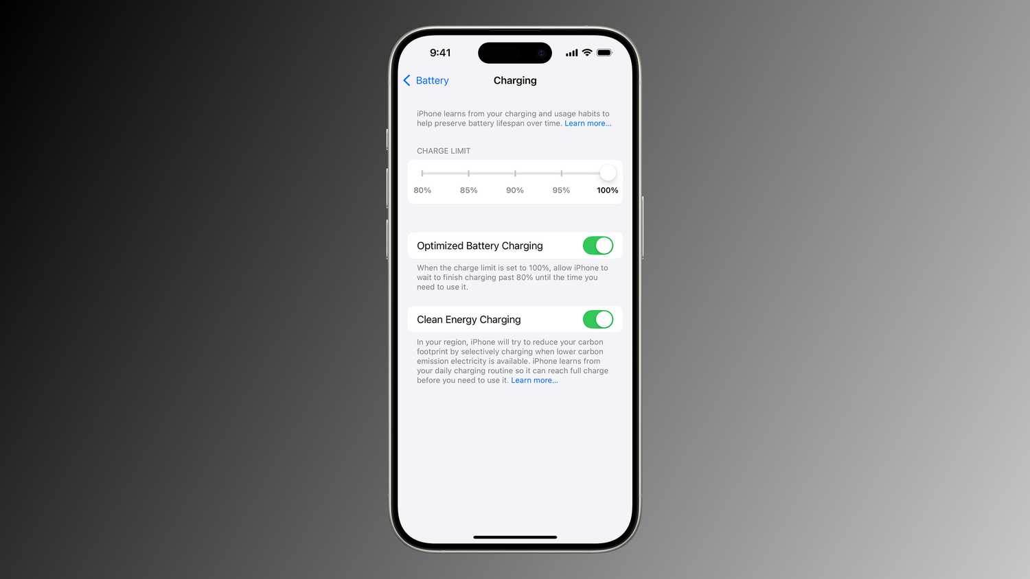 iPhone charging settings in iOS 18.
