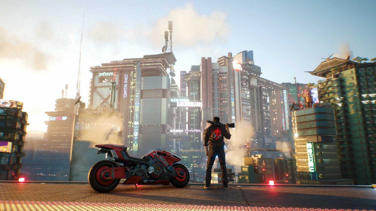 V from Cyberpunk 2077 standing in front of a Night City vista.
