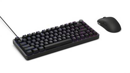 A black mechanical keyboard with a knob next to a wireless mouse.