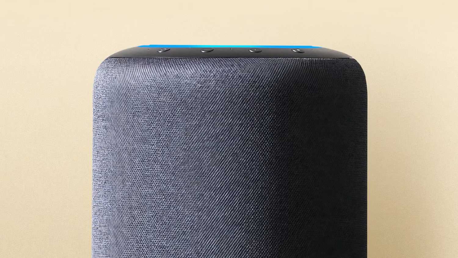 An Amazon Echo Studio speaker in black.