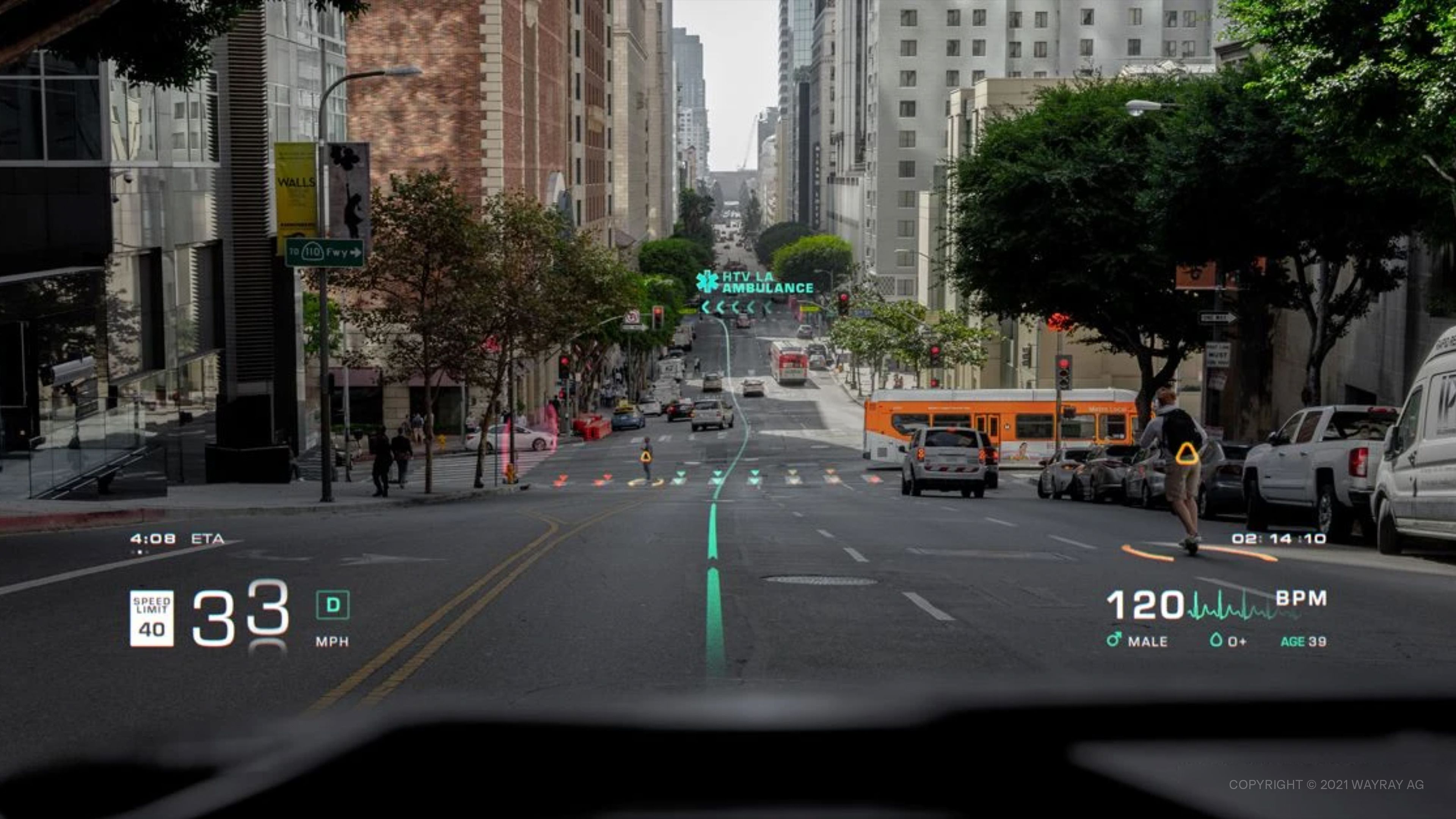 A still photo of WayRay's Augmented Reality Heads Up Display.
