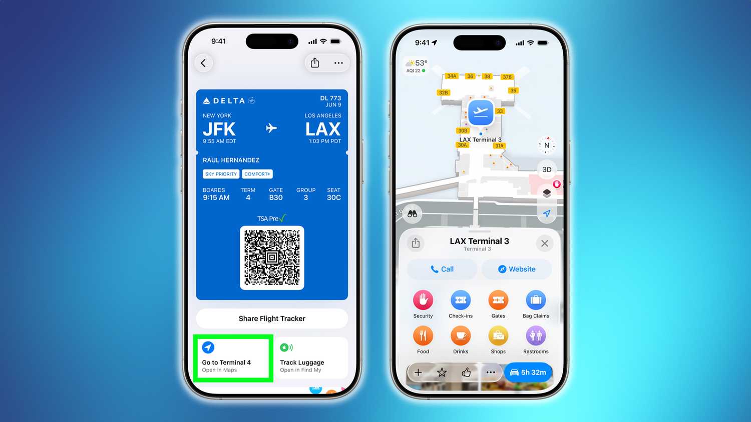 Apple Wallet boarding pass open up airport map.