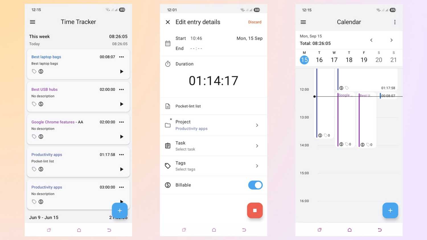 Clockify screenshots on a gradient background. 
