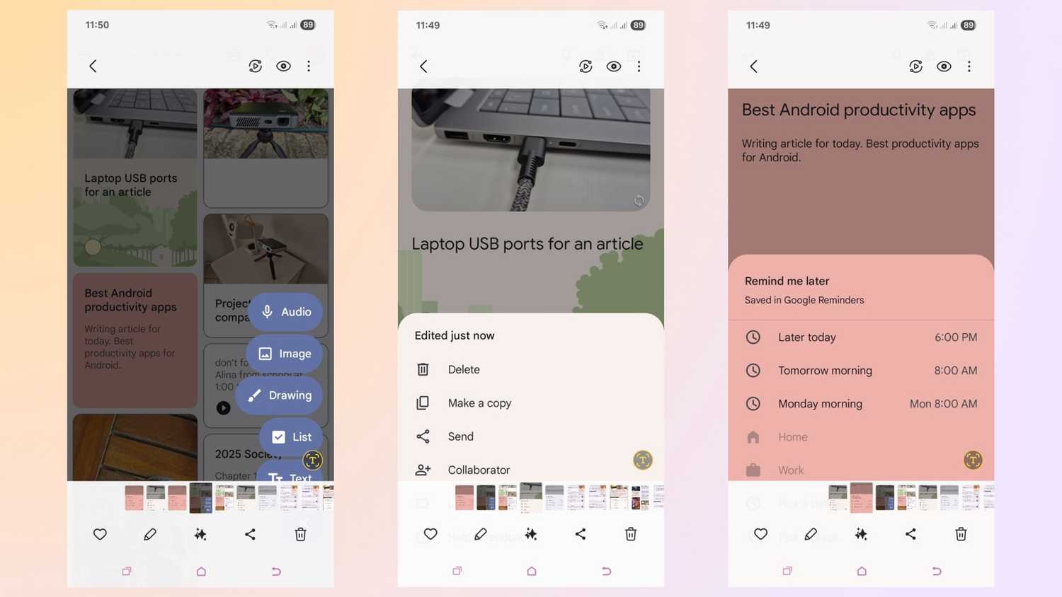 Three screenshots from Google Keep on an Android. 