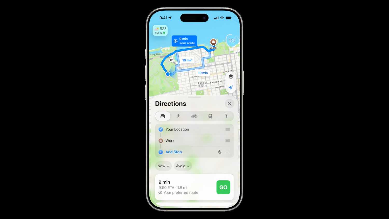A preferred route suggestion in Apple Maps for iOS 26.