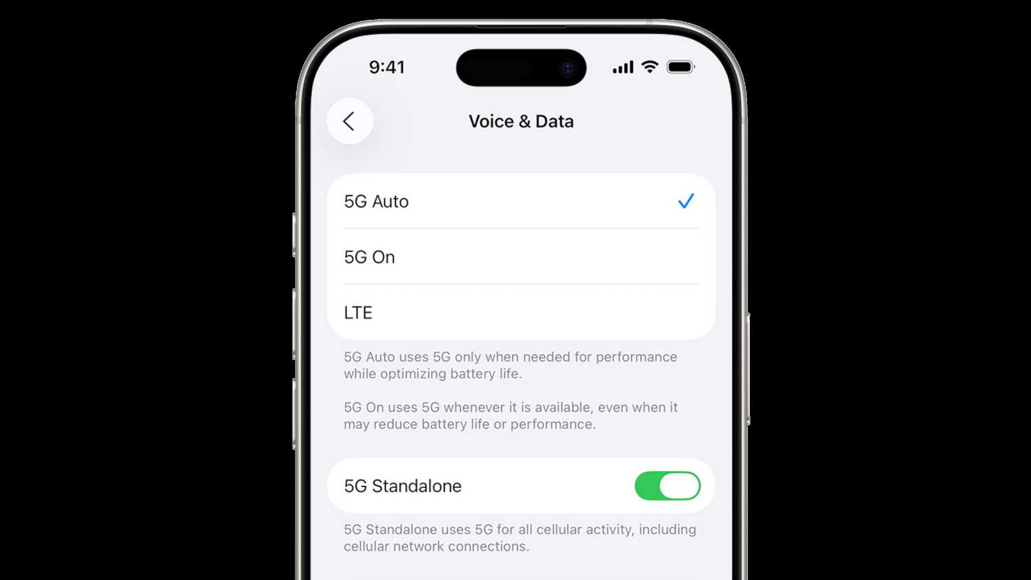 4G and 5G data options in iOS 26.
