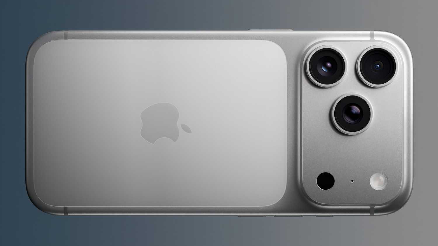 A landscape silver iPhone 17 Pro with its back facing the camera.