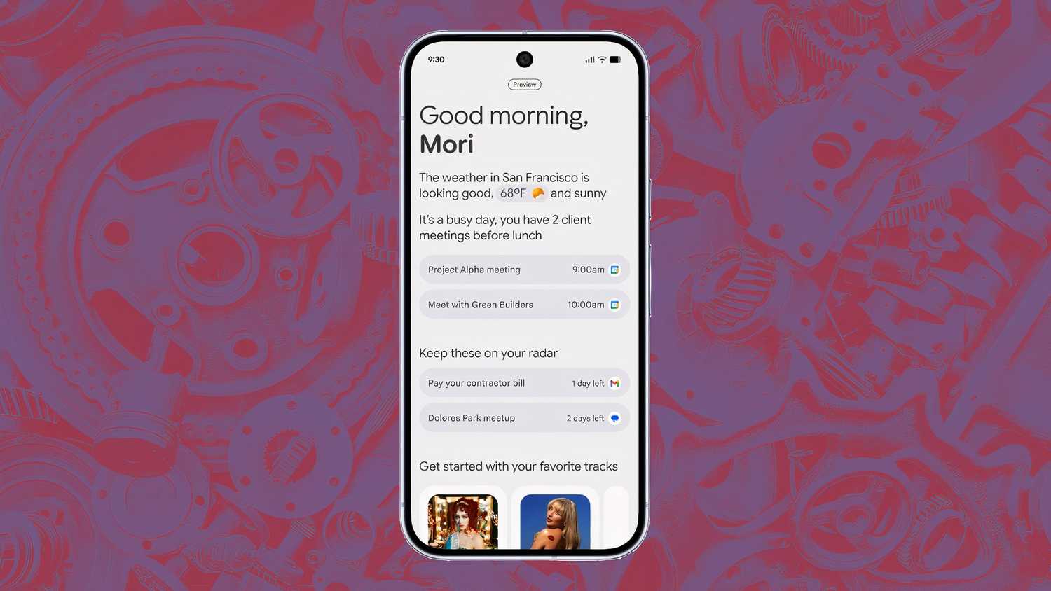 A screenshot of the Pixel 10's Daily Hub software feature over a background of gears.