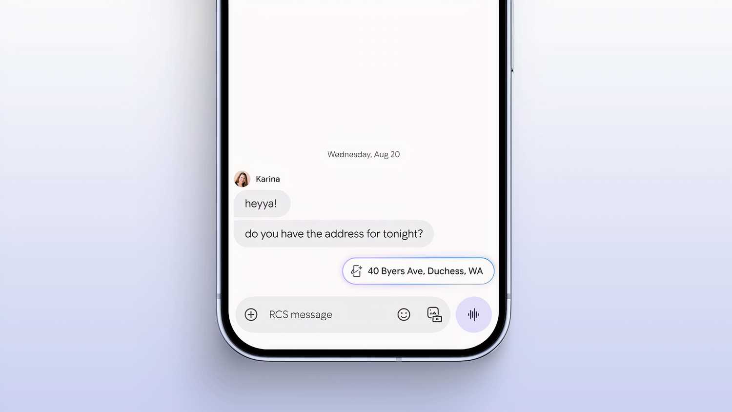 A photo showing Magic Cue suggesting an address in the Google Messages app.