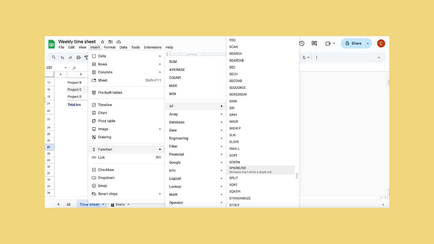 Insert Sparkline into Google Sheets against a yellow background. 