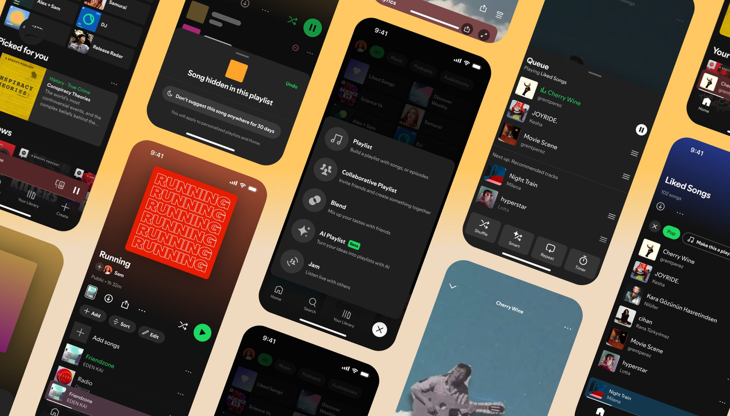 The Spotify app on various sideways phones.