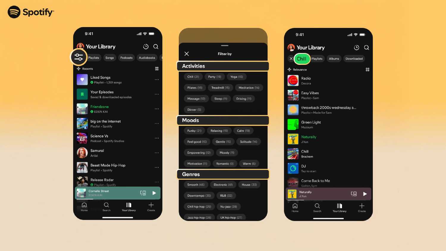 Three screenshots of the Spotify smart filter.