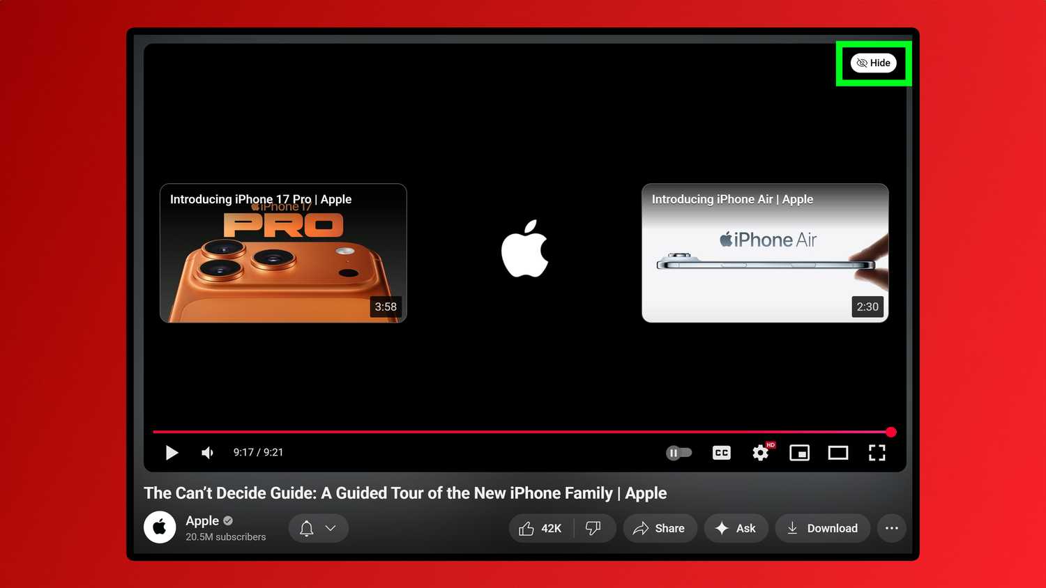 New YouTube hide end screen button.