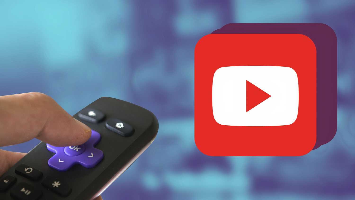 Someone holding a Roku TV remote and pointing it at a YouTube icon. 