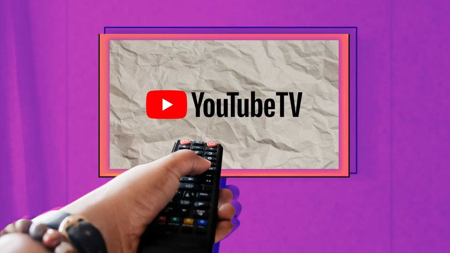 YouTube TV and a person pointing a remote at the rendering.