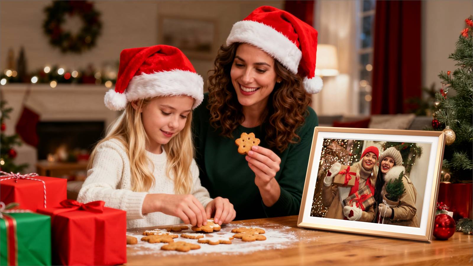 A mom and daughter in santa hats make cookies beside a photo frame