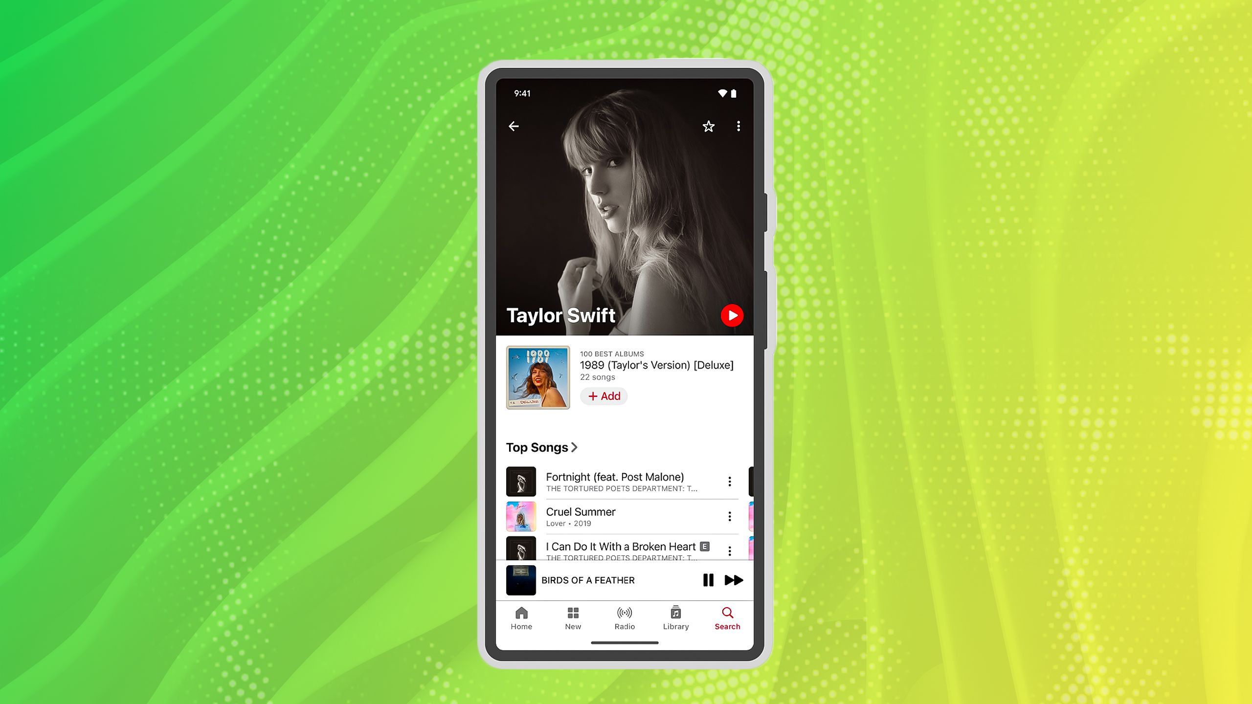 Apple Music showing Taylor Swift. 